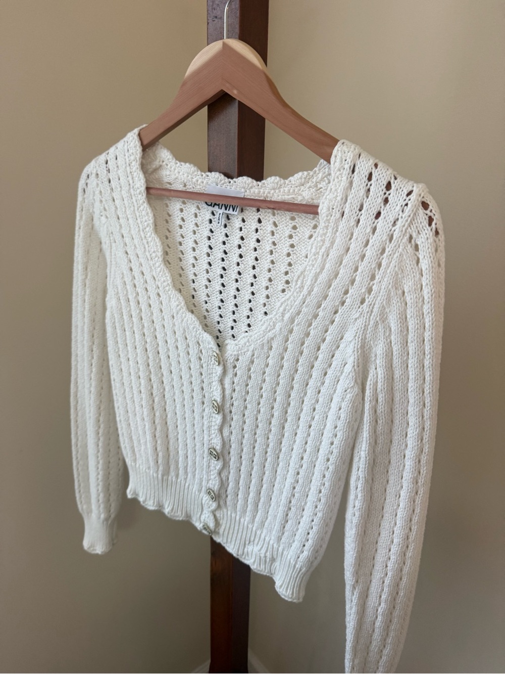 Ganni Cream Open-Knit V-Neck Button Cardigan